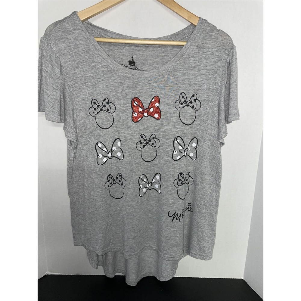 Disney Parks Minnie Mouse Glitter Bow Gray Shirt T-shirt Women’s Medium High Low